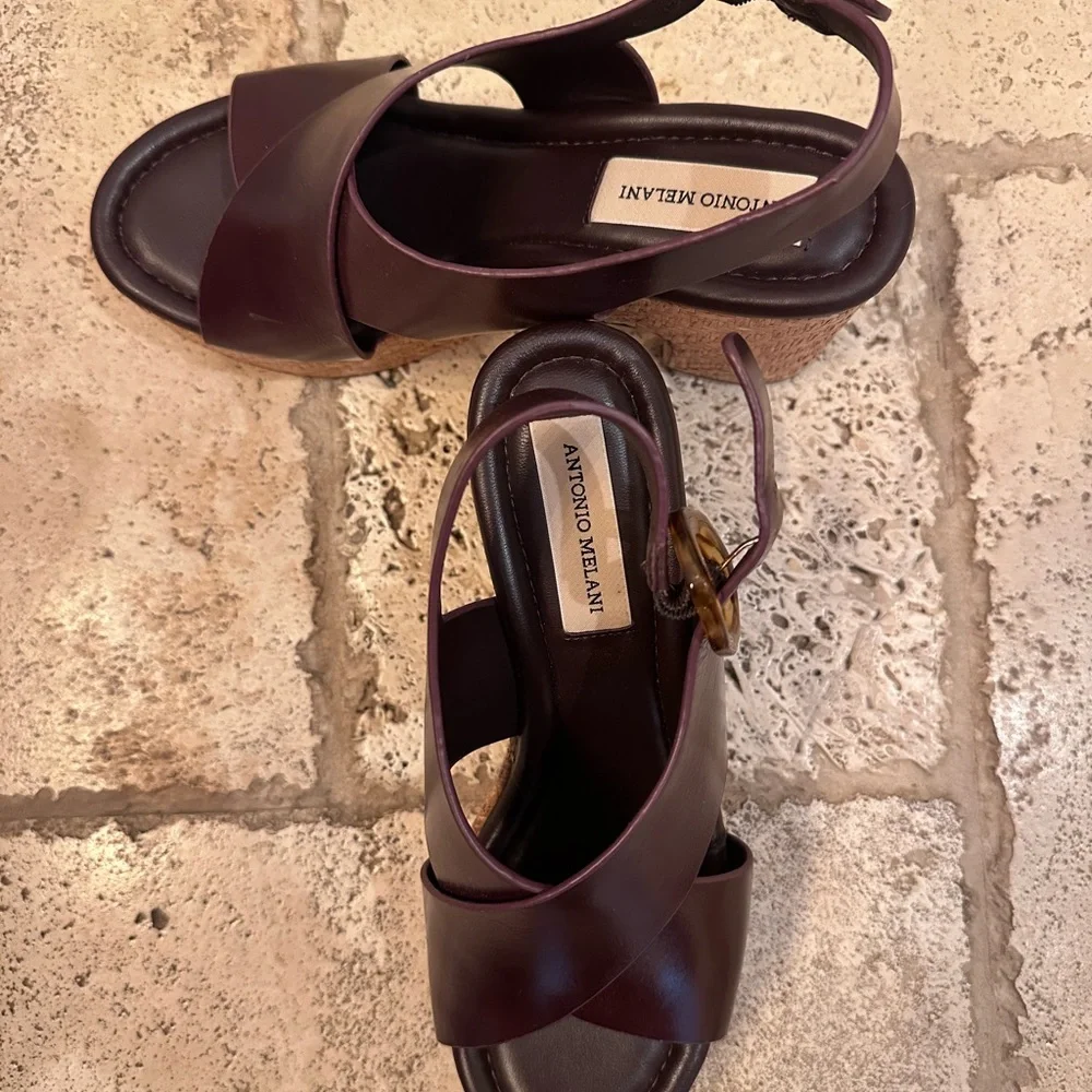 ANTONIO MELANI Dark Brown Leather Wedge Sandals with Woven Platform